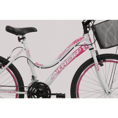Bicicleta Aro 24 Athor Musa 18 Velocidades, com Cesta - Branco com Rosa