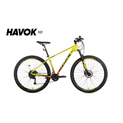 Bicicleta Alumínio Aro 29 Audax Havok NX Kit Shimano Alivio 18 Velocidades, Freio Hidraulíco MT200, Garfo de Suspensão com Trava no Guidão, Quadro 19" ano 2023 - Amarelo com Laranja