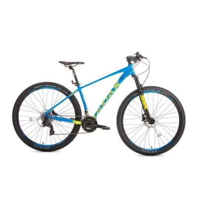 Bicicleta Alumínio Aro 29 Audax Havok SX Kit Shimano 21 Velocidades, Freio Hidraulíco, Garfo de Suspensão com Trava no Guidão, Quadro 15" ano 2023 - Azul Cyano com Amarelo