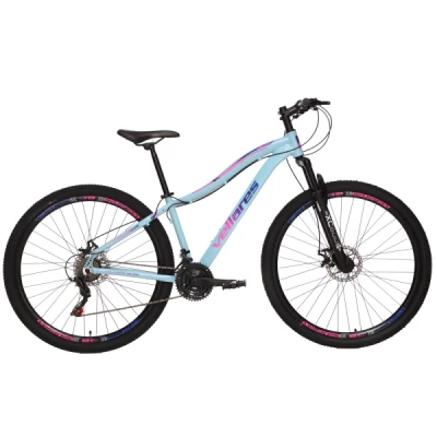 Bicicleta Alumínio Aro 29 Colli Vellares Bless 21 Velocidades, Cambio Traseiro Shimano, Freio Disco, Garfo Suspensão, Quadro 15.5" - Azul com Rosa Neon